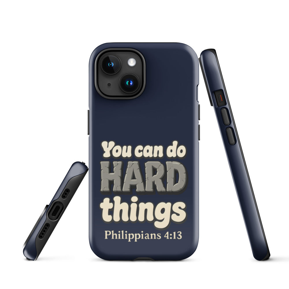 Navy tough iPhone case with a glossy finish, printed with “You can do HARD things” in cracked stone letters and Philippians 4:13