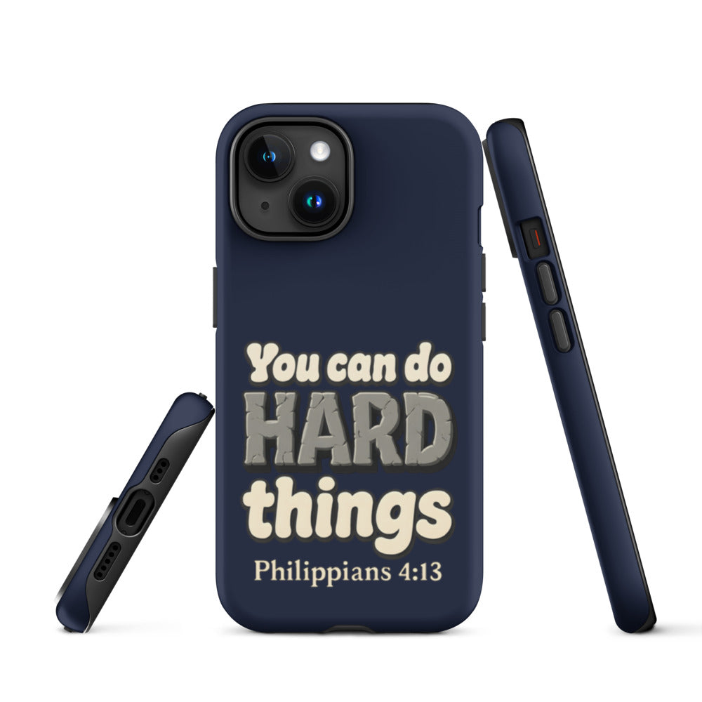 Navy tough iPhone case with a matte finish, printed with “You can do HARD things” in cracked stone letters and Philippians 4:13