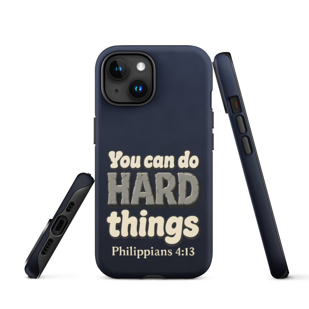 Night Sky tough iPhone case with a matte finish, printed with “You can do HARD things” in cracked stone letters and Philippians 4:13
