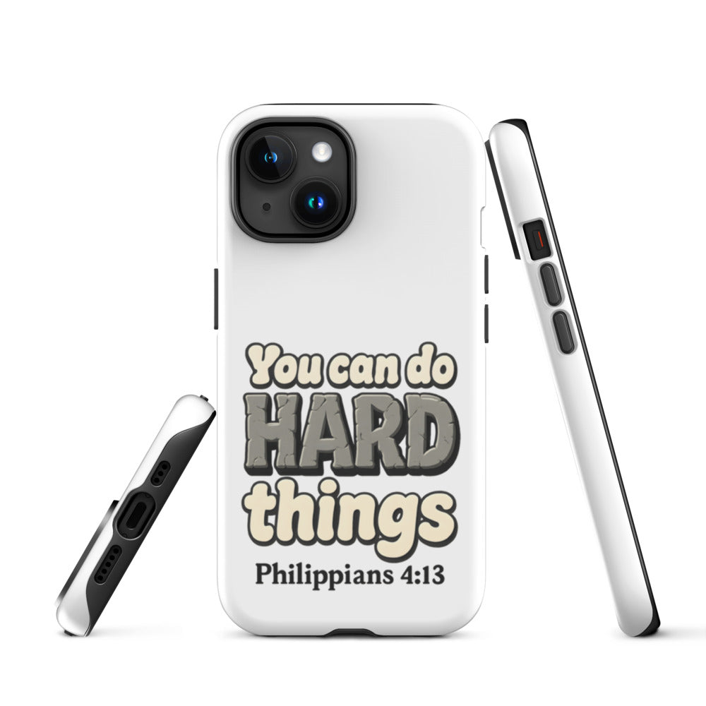 White tough iPhone case with a matte finish, printed with “You can do HARD things” in cracked stone letters and Philippians 4:13
