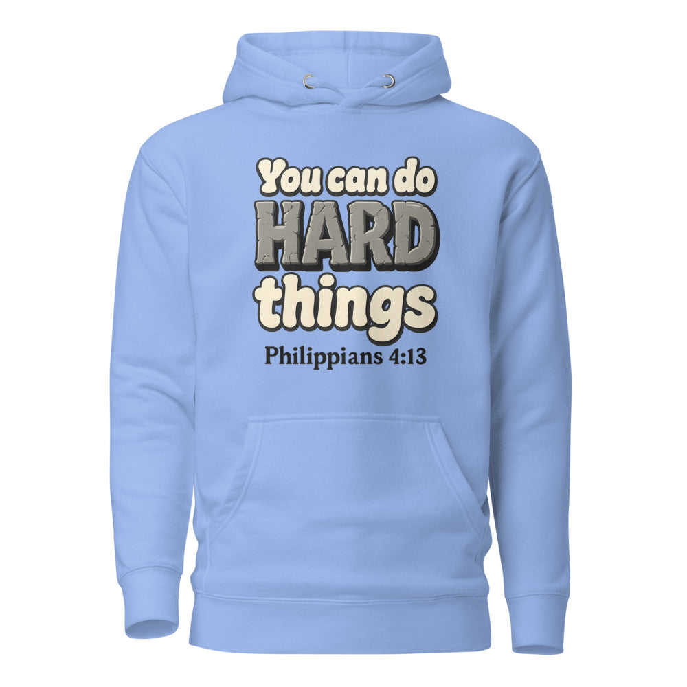 Carolina Blue hoodie printed with “You can do HARD things” in cracked stone letters and Philippians 4:13