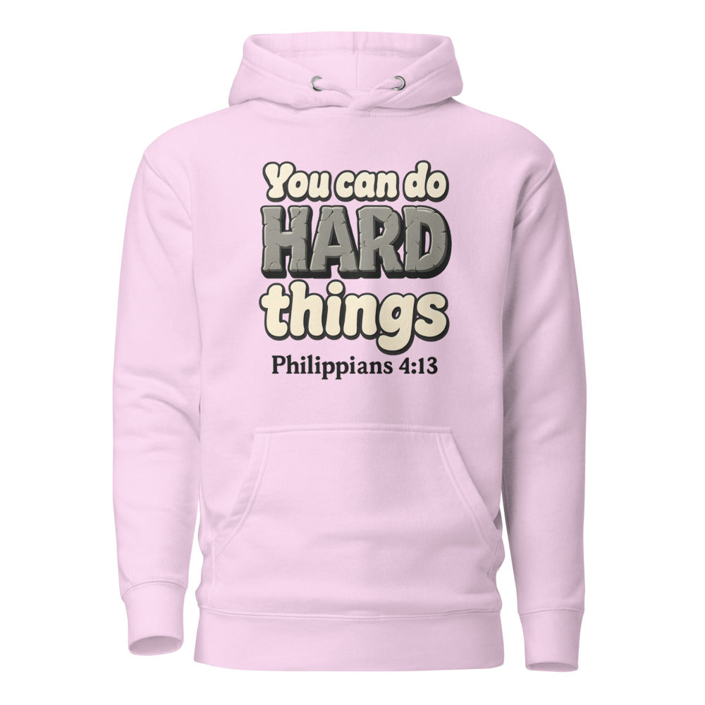 Lavender hoodie printed with “You can do HARD things” in cracked stone letters and Philippians 4:13