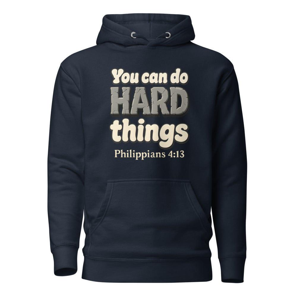 Navy Blazer hoodie printed with “You can do HARD things” in cracked stone letters and Philippians 4:13