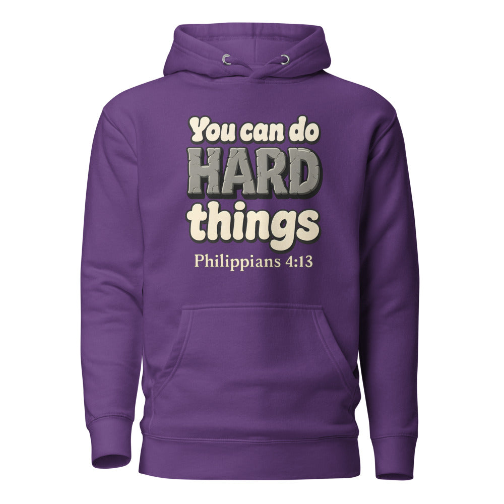 Purple hoodie printed with “You can do HARD things” in cracked stone letters and Philippians 4:13
