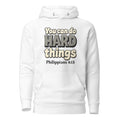 White hoodie printed with “You can do HARD things” in cracked stone letters and Philippians 4:13