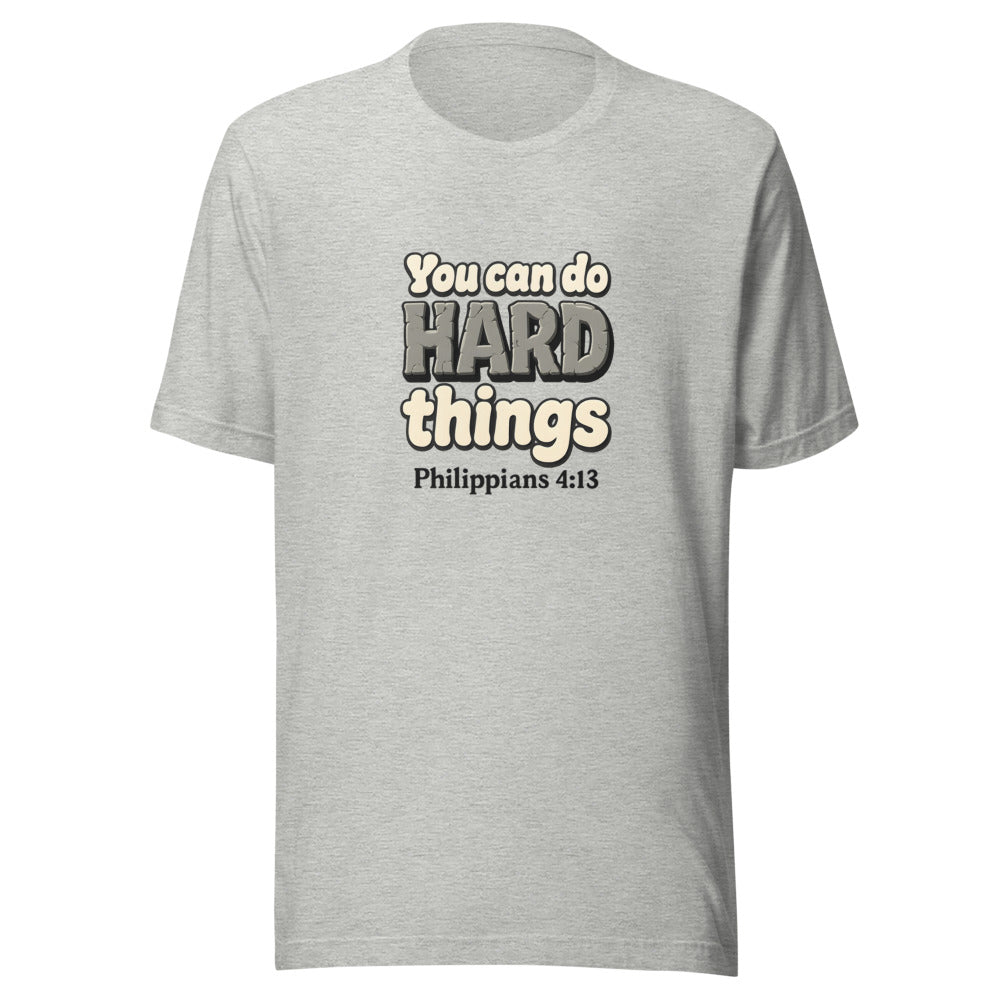 Athletic Heather t-shirt printed with “You can do HARD things” in cracked stone letters and Philippians 4:13