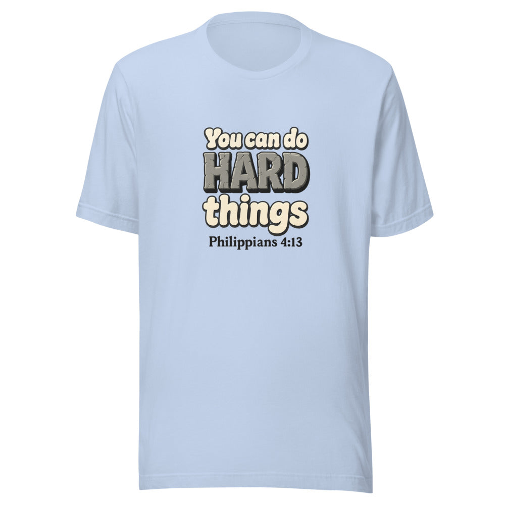Baby Blue t-shirt printed with “You can do HARD things” in cracked stone letters and Philippians 4:13