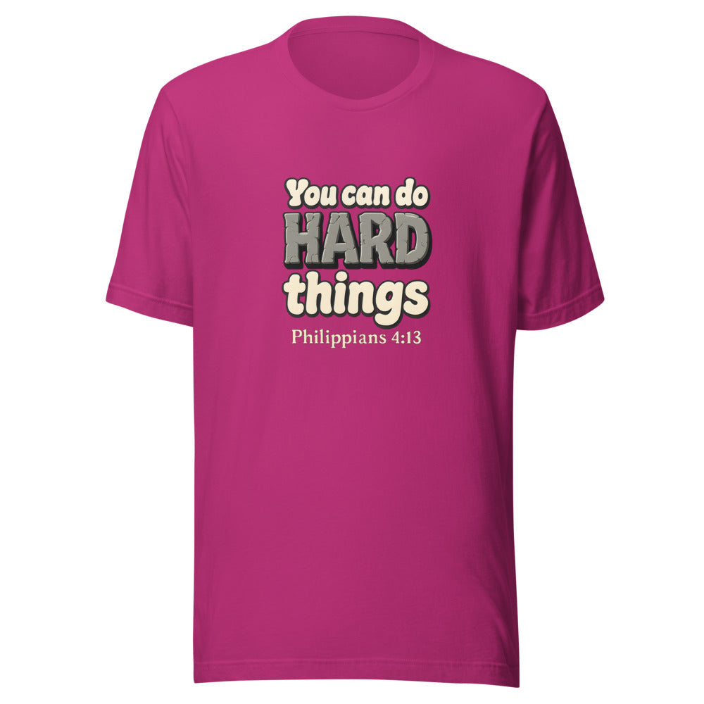 Berry t-shirt printed with “You can do HARD things” in cracked stone letters and Philippians 4:13