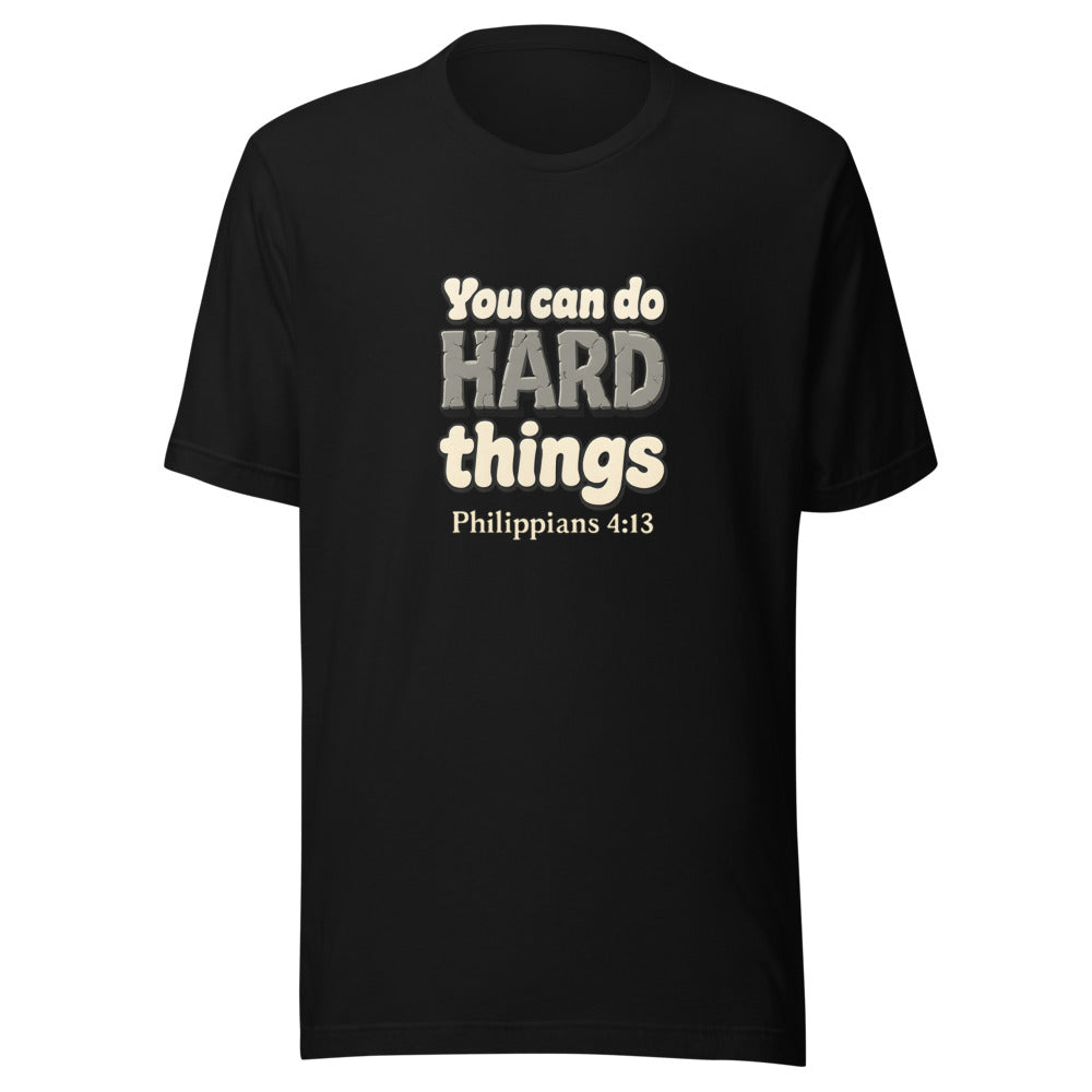 Black t-shirt printed with “You can do HARD things” in cracked stone letters and Philippians 4:13