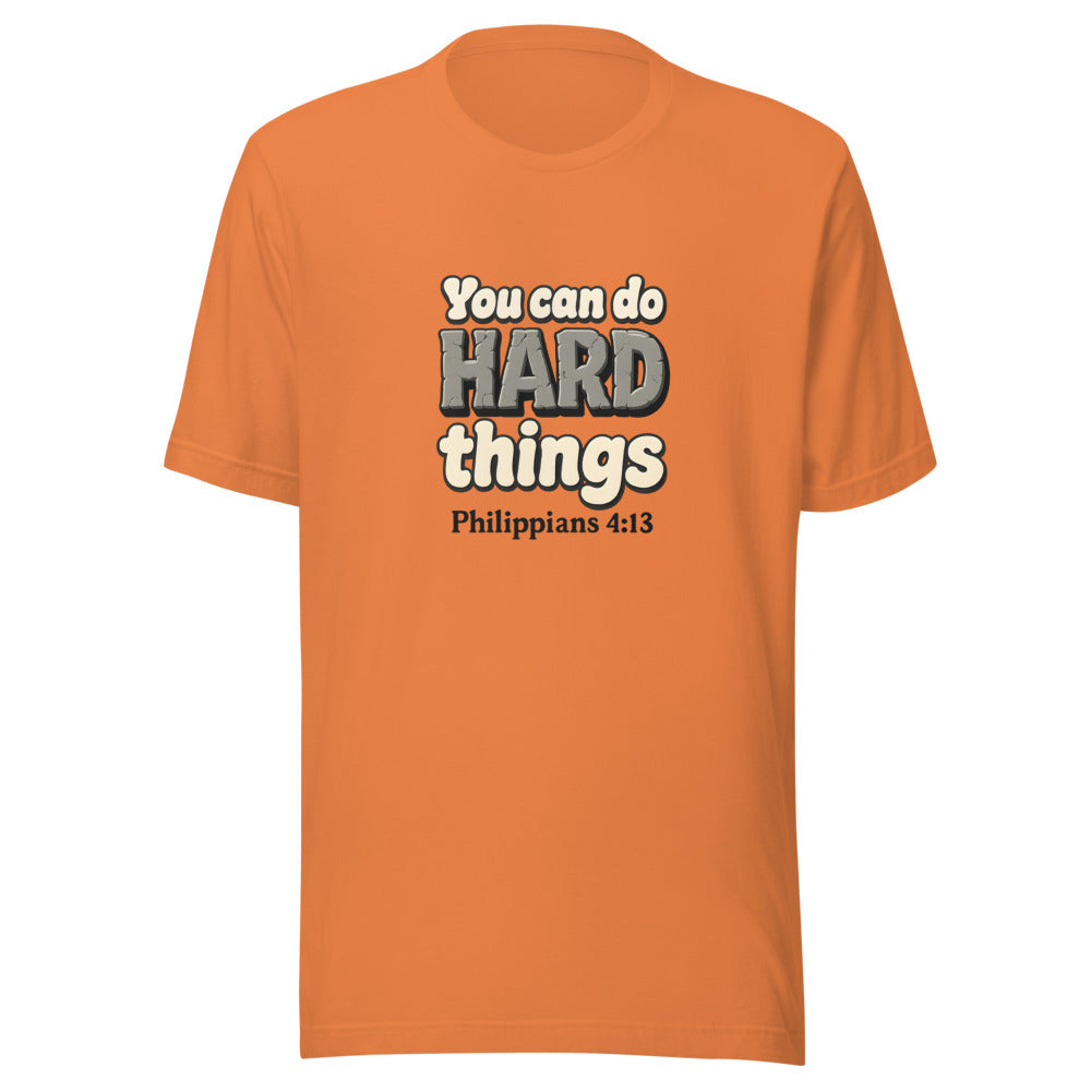 Burnt Orange t-shirt printed with “You can do HARD things” in cracked stone letters and Philippians 4:13