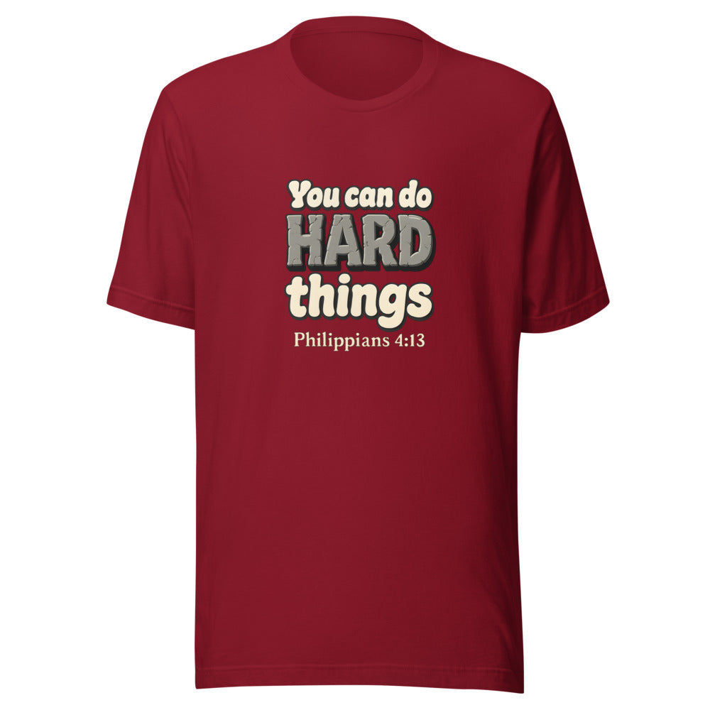 Cardinal t-shirt printed with “You can do HARD things” in cracked stone letters and Philippians 4:13