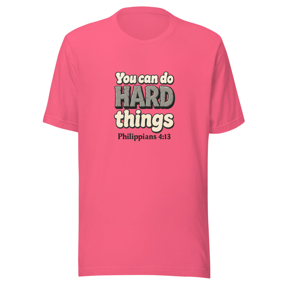 Charity Pink t-shirt printed with “You can do HARD things” in cracked stone letters and Philippians 4:13