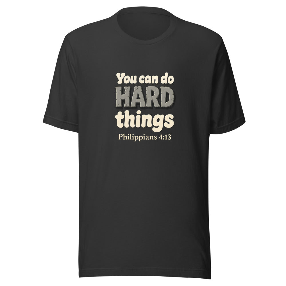 Dark Grey t-shirt printed with “You can do HARD things” in cracked stone letters and Philippians 4:13