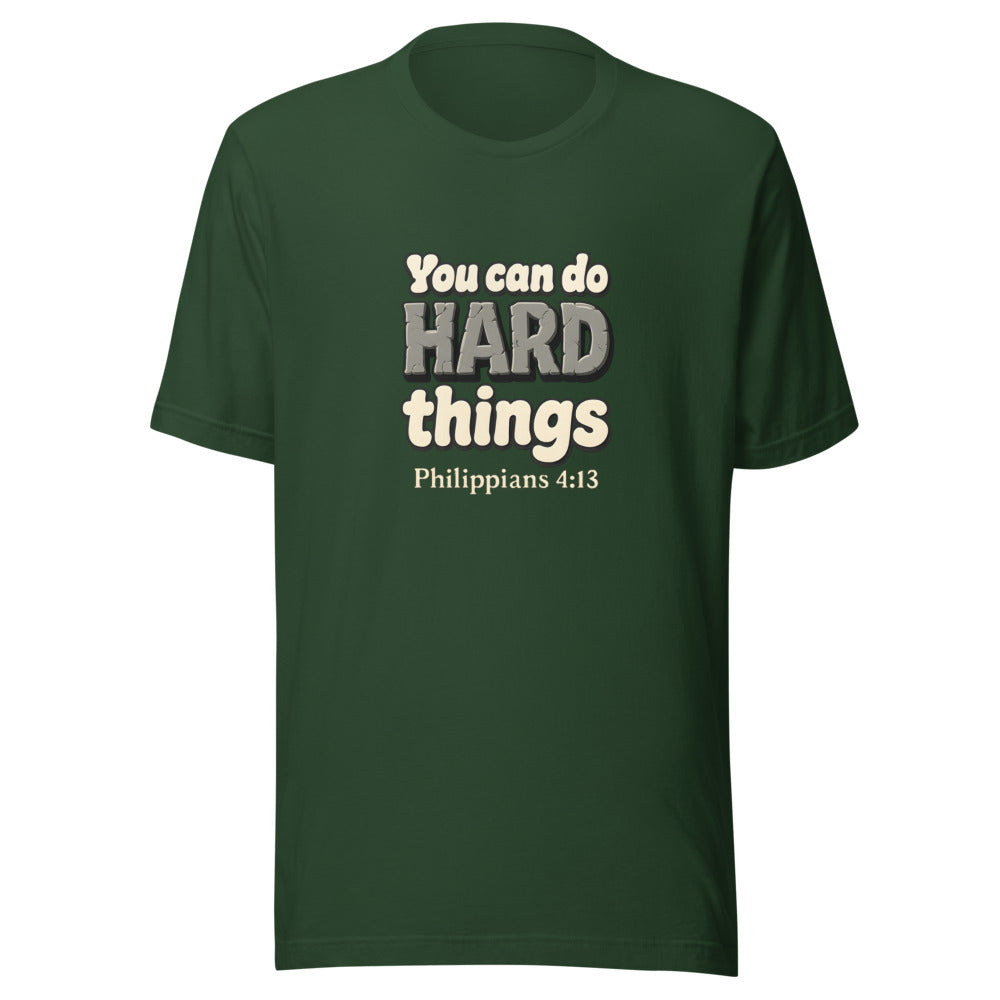 Forest t-shirt printed with “You can do HARD things” in cracked stone letters and Philippians 4:13