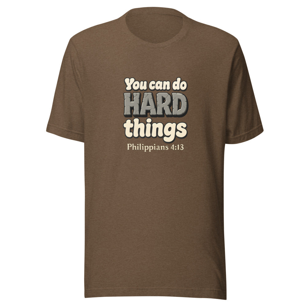 Heather Brown t-shirt printed with “You can do HARD things” in cracked stone letters and Philippians 4:13