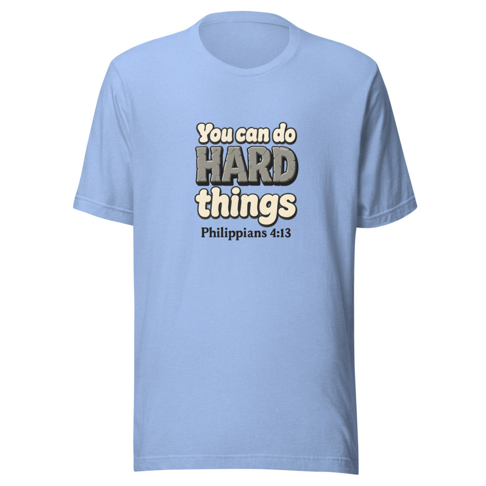 Heather Carolina Blue t-shirt printed with “You can do HARD things” in cracked stone letters and Philippians 4:13