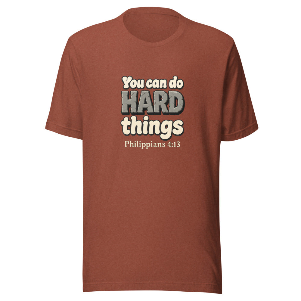 Heather Clay t-shirt printed with “You can do HARD things” in cracked stone letters and Philippians 4:13