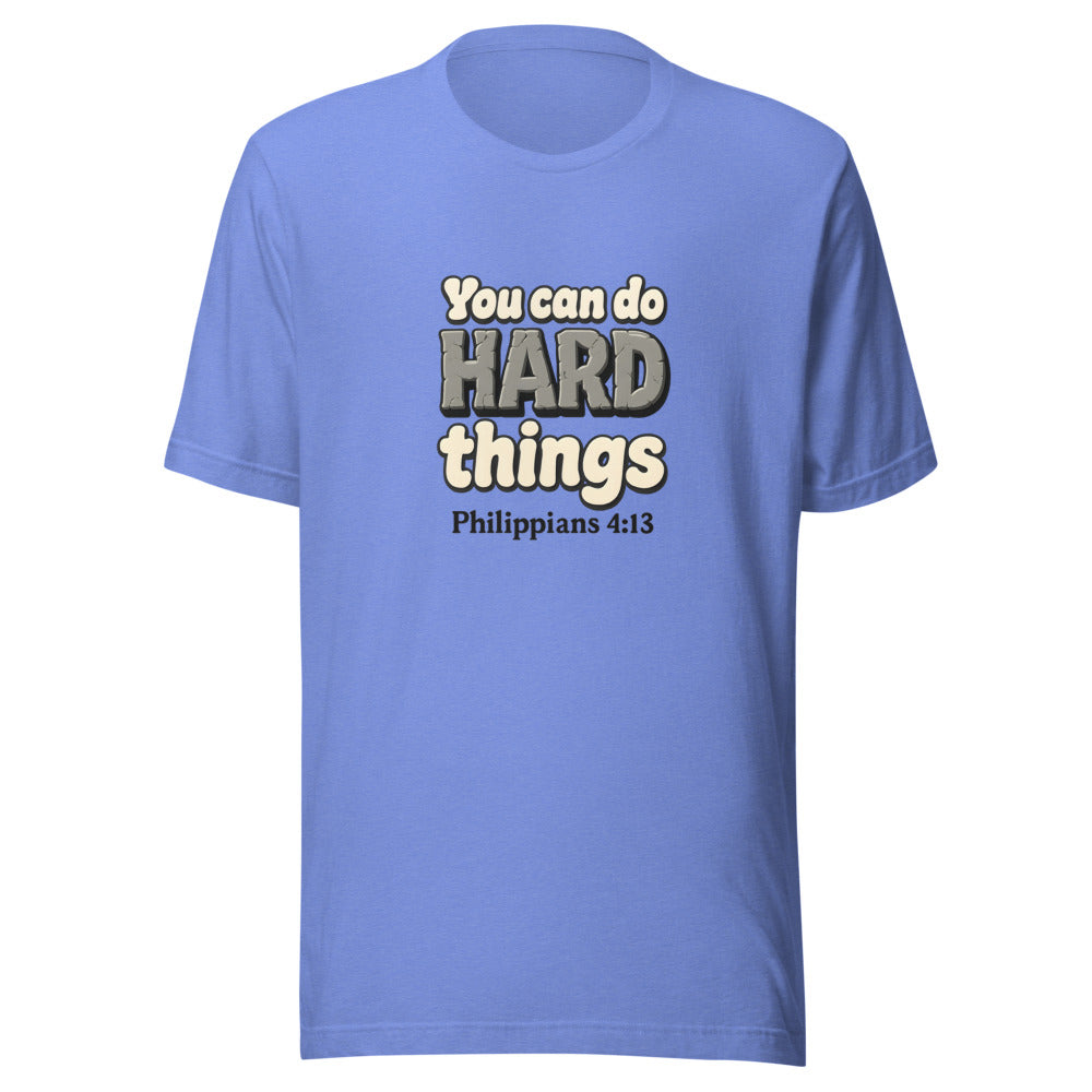 Heather Columbia Blue t-shirt printed with “You can do HARD things” in cracked stone letters and Philippians 4:13
