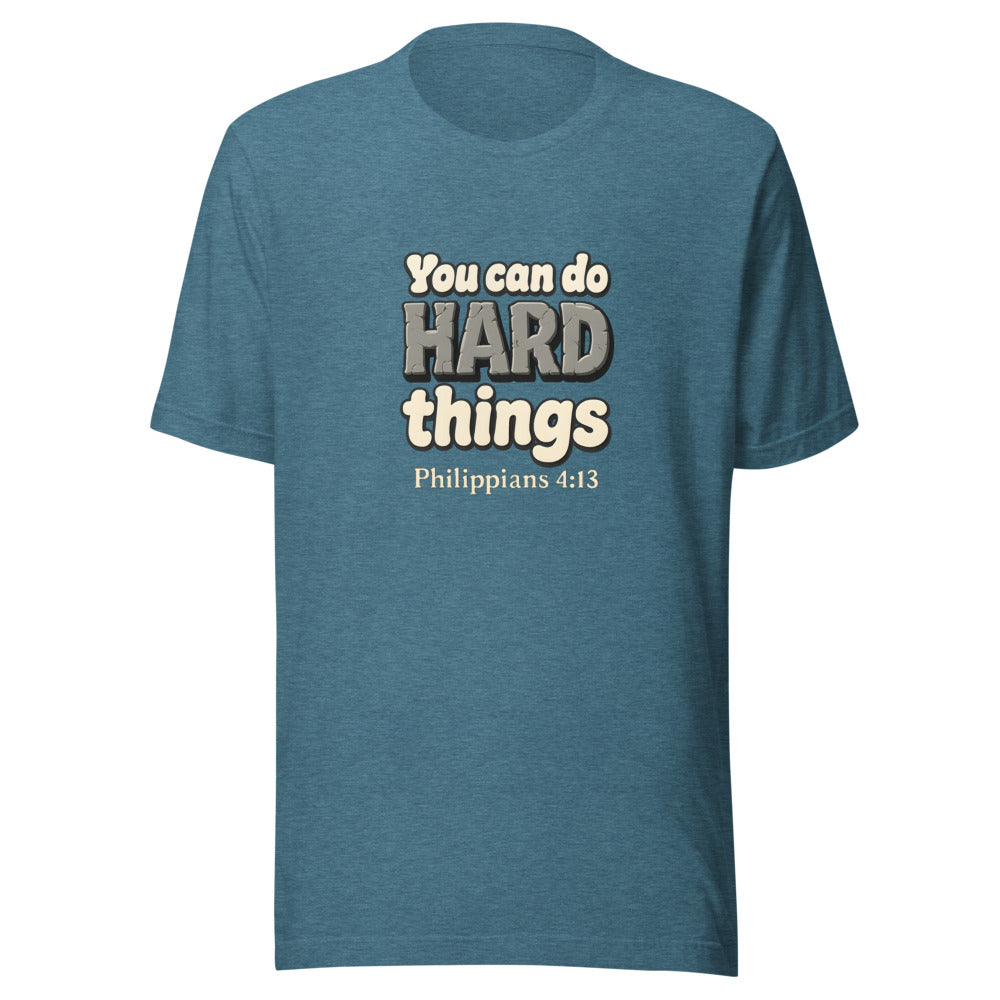 Heather Deep Teal t-shirt printed with “You can do HARD things” in cracked stone letters and Philippians 4:13