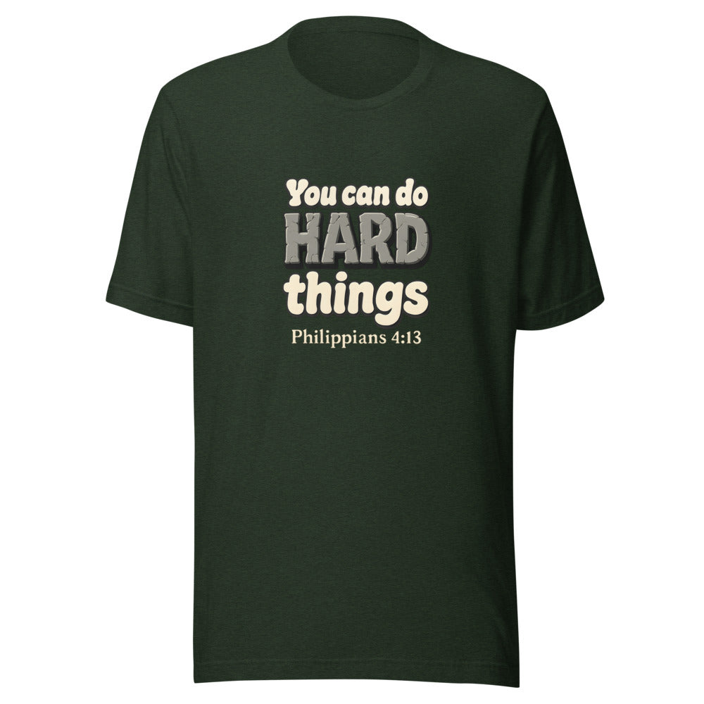 Heather Emerald t-shirt printed with “You can do HARD things” in cracked stone letters and Philippians 4:13