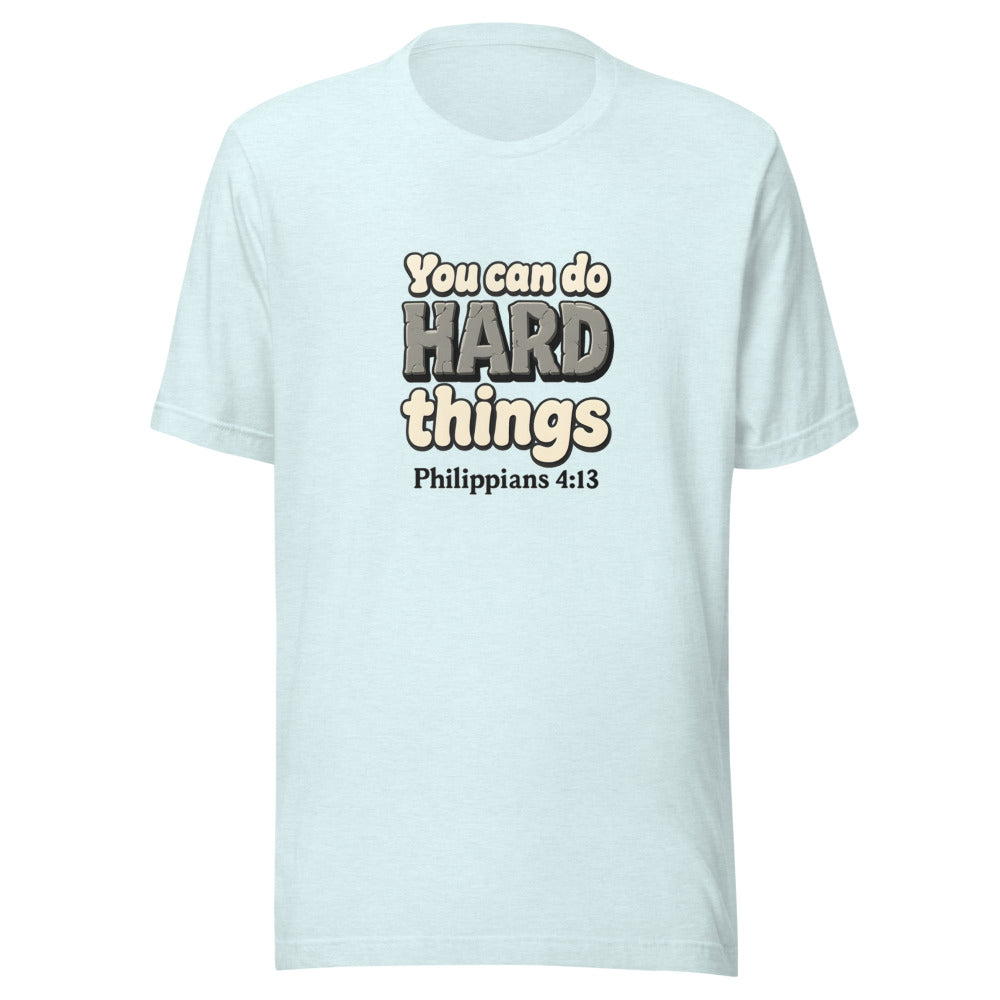 Heather Ice Blue t-shirt printed with “You can do HARD things” in cracked stone letters and Philippians 4:13
