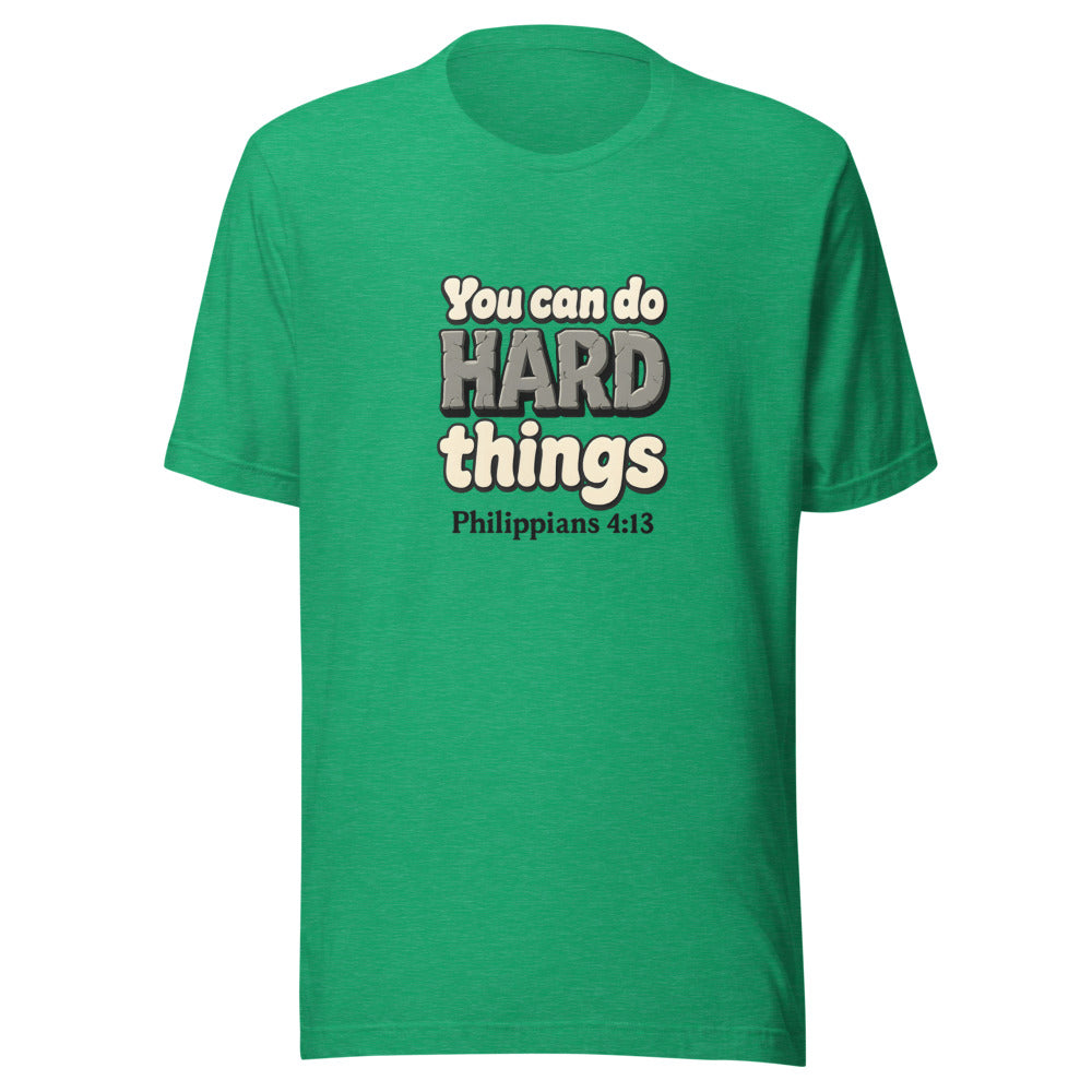 Heather Kelly t-shirt printed with “You can do HARD things” in cracked stone letters and Philippians 4:13