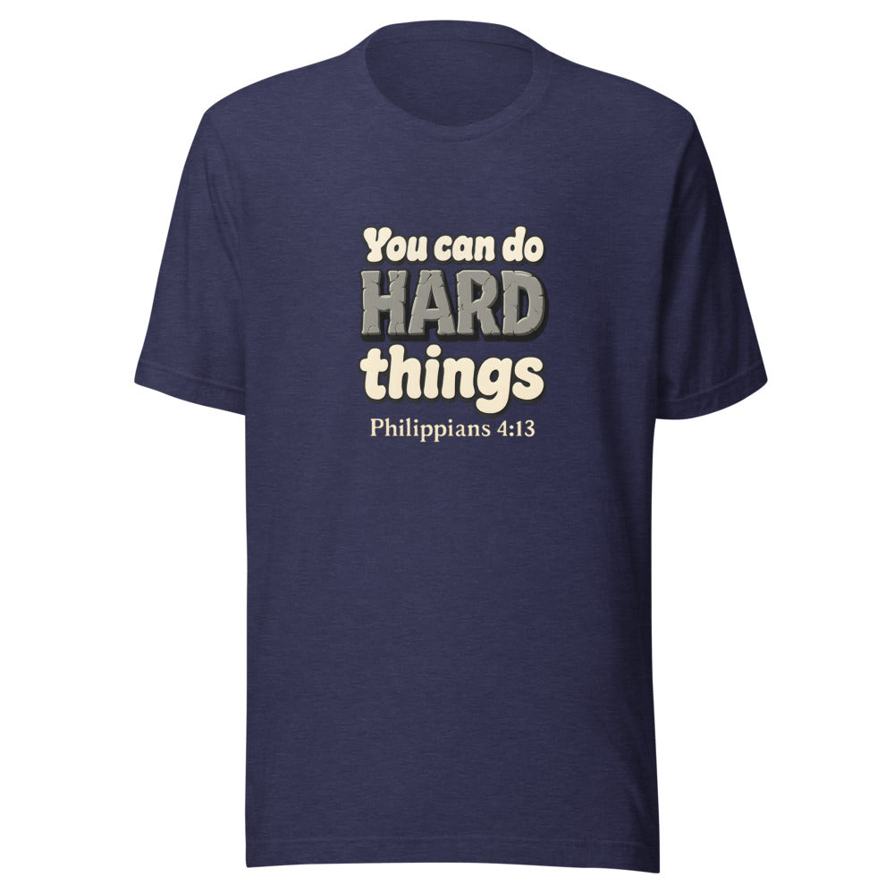 Heather Midnight Navy t-shirt printed with “You can do HARD things” in cracked stone letters and Philippians 4:13