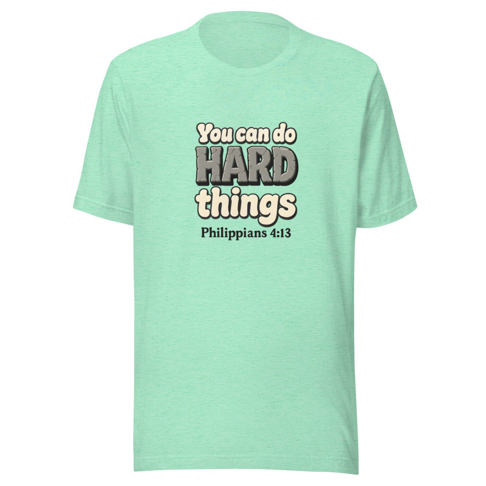 Heather Mint t-shirt printed with “You can do HARD things” in cracked stone letters and Philippians 4:13