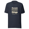 Heather Navy t-shirt printed with “You can do HARD things” in cracked stone letters and Philippians 4:13