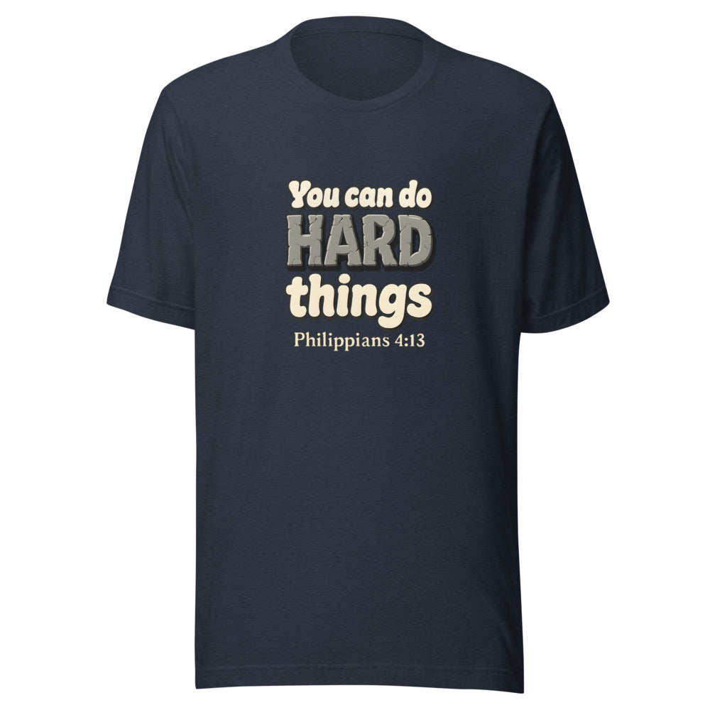 Heather Navy t-shirt printed with “You can do HARD things” in cracked stone letters and Philippians 4:13