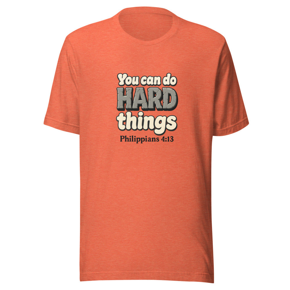Heather Orange t-shirt printed with “You can do HARD things” in cracked stone letters and Philippians 4:13