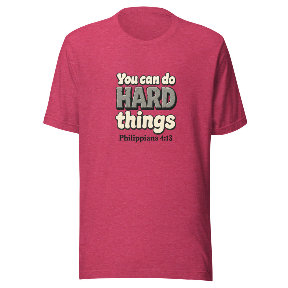 Heather Raspberry t-shirt printed with “You can do HARD things” in cracked stone letters and Philippians 4:13