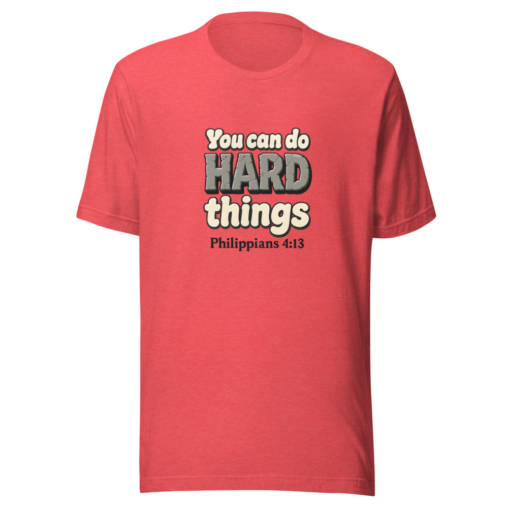 Heather Red t-shirt printed with “You can do HARD things” in cracked stone letters and Philippians 4:13