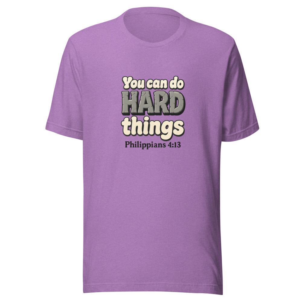 Heather Team Purple t-shirt printed with “You can do HARD things” in cracked stone letters and Philippians 4:13