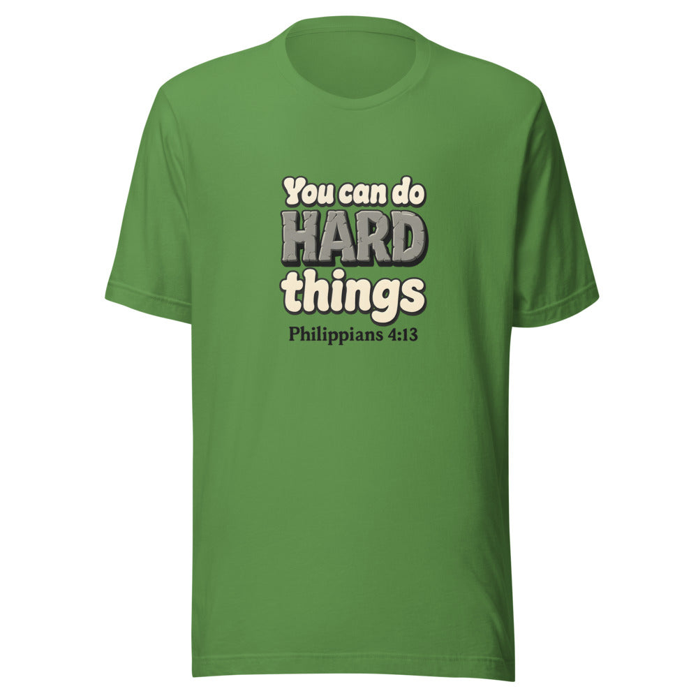 Leaf t-shirt printed with “You can do HARD things” in cracked stone letters and Philippians 4:13
