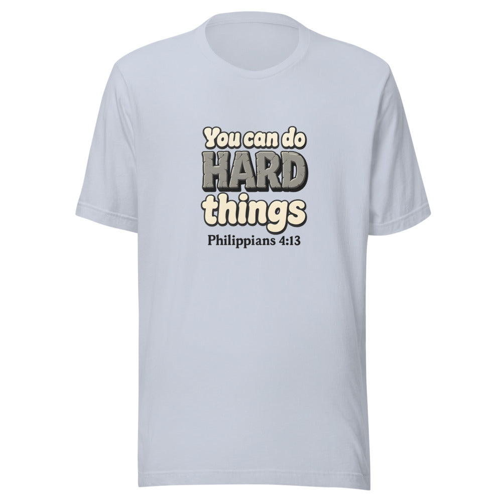 Light Blue t-shirt printed with “You can do HARD things” in cracked stone letters and Philippians 4:13