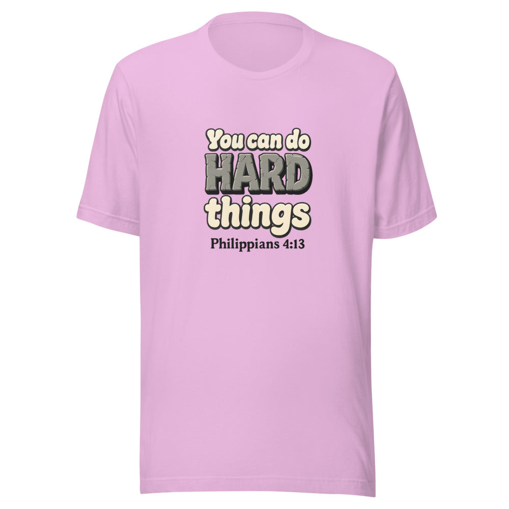 Lilac t-shirt printed with “You can do HARD things” in cracked stone letters and Philippians 4:13
