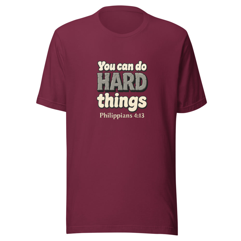 Maroon t-shirt printed with “You can do HARD things” in cracked stone letters and Philippians 4:13