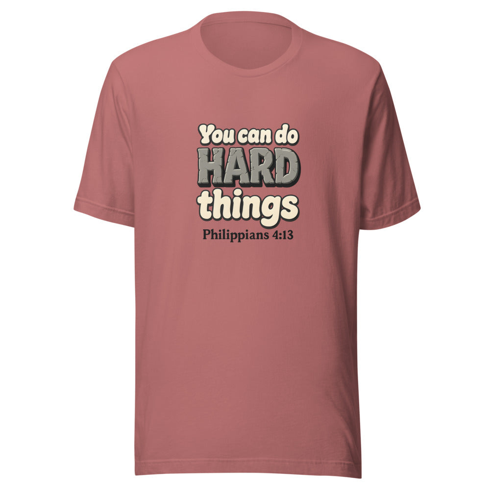 Mauve t-shirt printed with “You can do HARD things” in cracked stone letters and Philippians 4:13