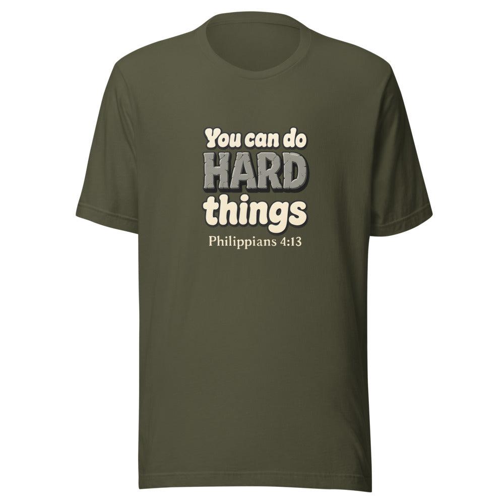 Military Green t-shirt printed with “You can do HARD things” in cracked stone letters and Philippians 4:13