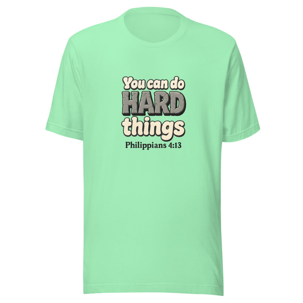 Mint t-shirt printed with “You can do HARD things” in cracked stone letters and Philippians 4:13