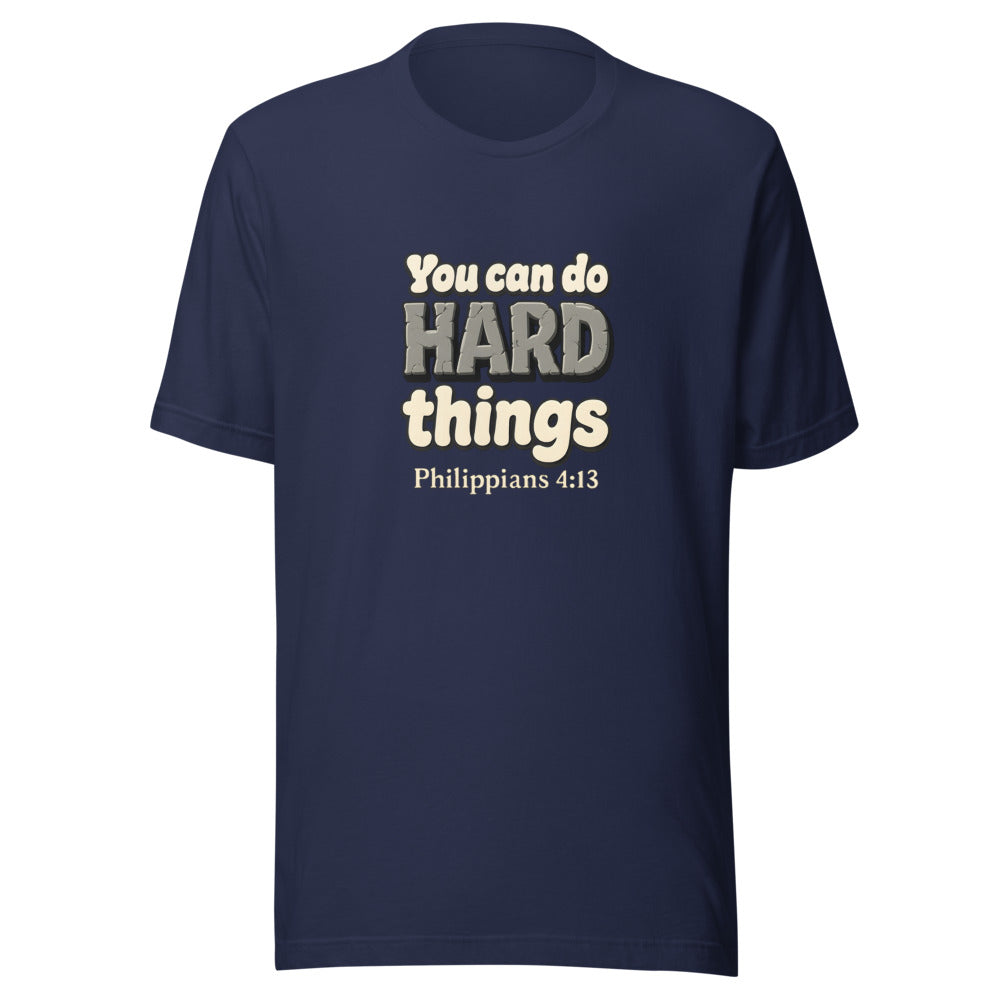 Navy t-shirt printed with “You can do HARD things” in cracked stone letters and Philippians 4:13