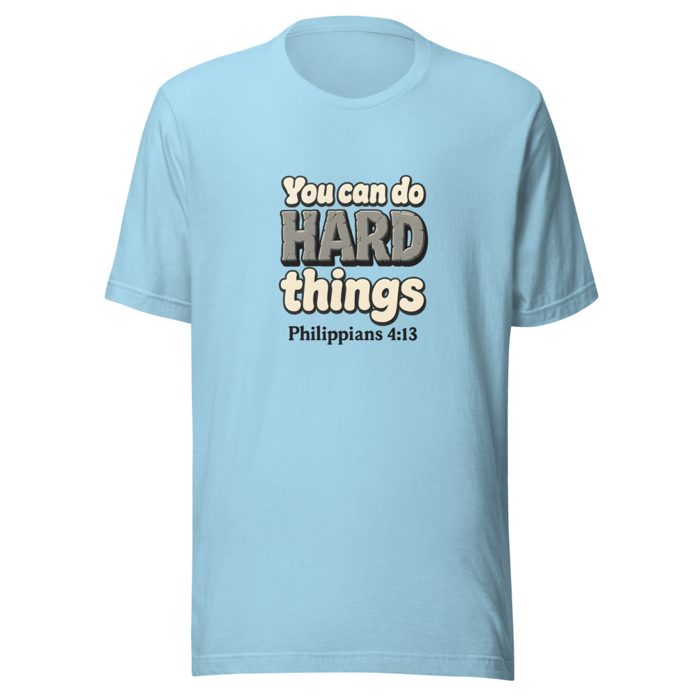 Ocean Blue t-shirt printed with “You can do HARD things” in cracked stone letters and Philippians 4:13