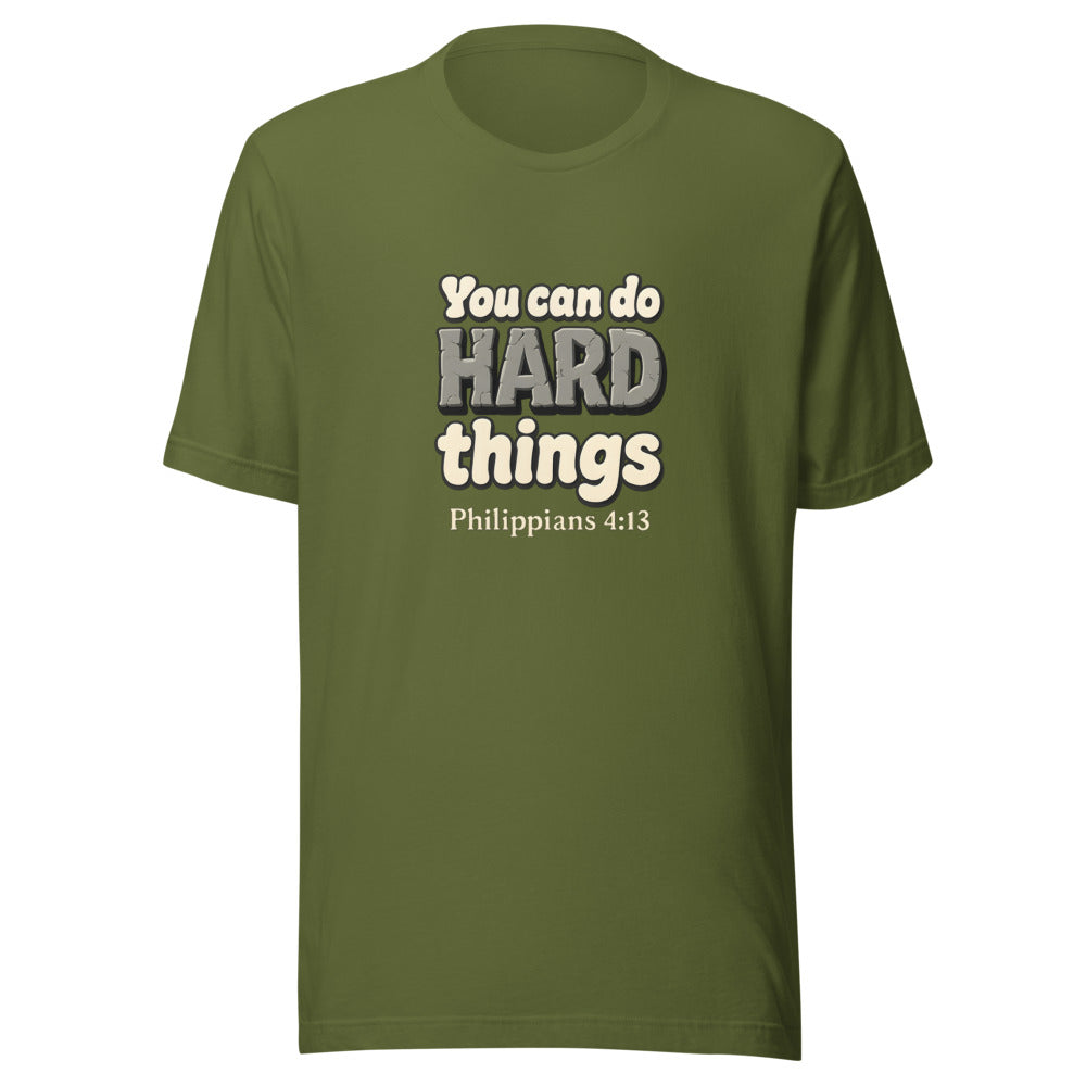 Olive t-shirt printed with “You can do HARD things” in cracked stone letters and Philippians 4:13