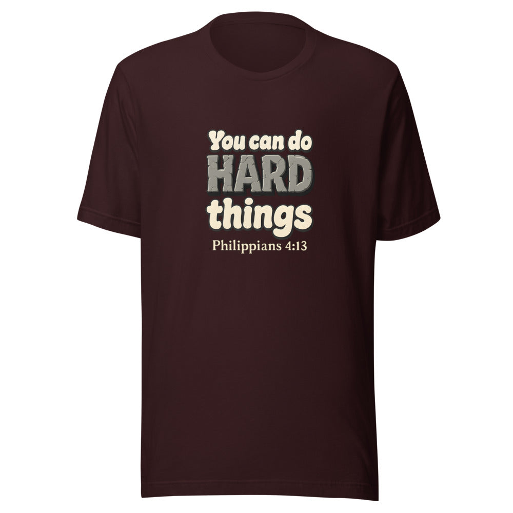 Oxblood Black t-shirt printed with “You can do HARD things” in cracked stone letters and Philippians 4:13
