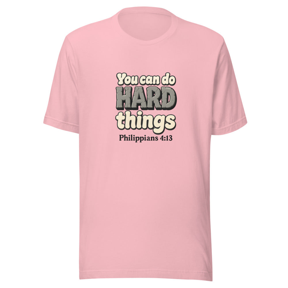 Pink t-shirt printed with “You can do HARD things” in cracked stone letters and Philippians 4:13