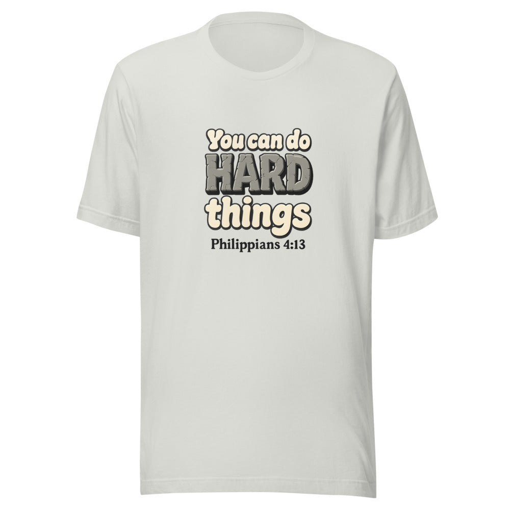 Silver t-shirt printed with “You can do HARD things” in cracked stone letters and Philippians 4:13