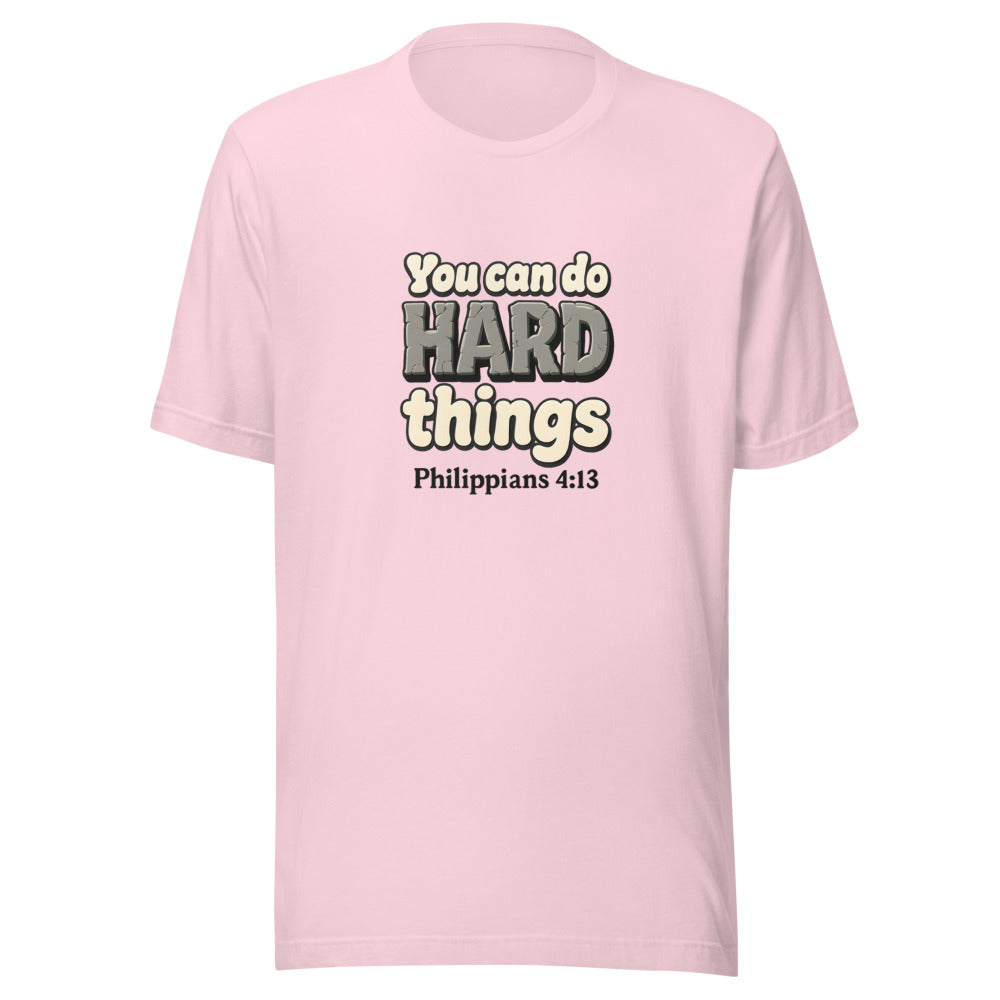Soft Pink t-shirt printed with “You can do HARD things” in cracked stone letters and Philippians 4:13