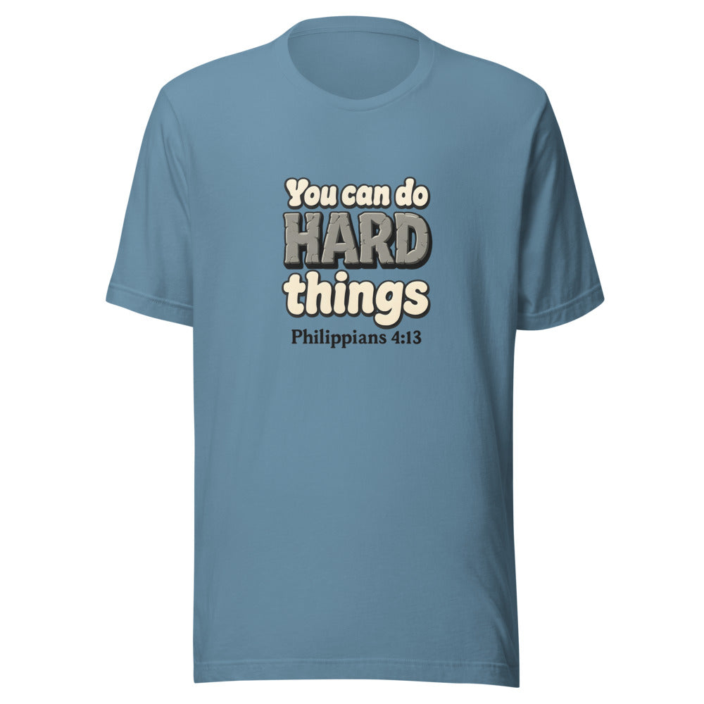 Steel Blue t-shirt printed with “You can do HARD things” in cracked stone letters and Philippians 4:13