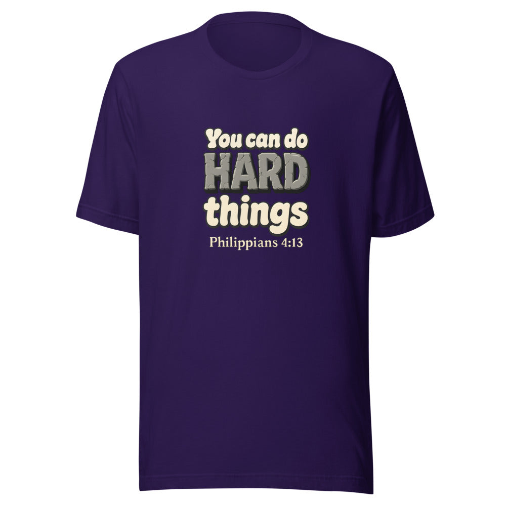 Team Purple t-shirt printed with “You can do HARD things” in cracked stone letters and Philippians 4:13